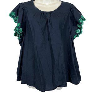 J Crew Embroidered Scalloped Eyelet Green Embroidered Sleeve Navy Top Shirt  3X